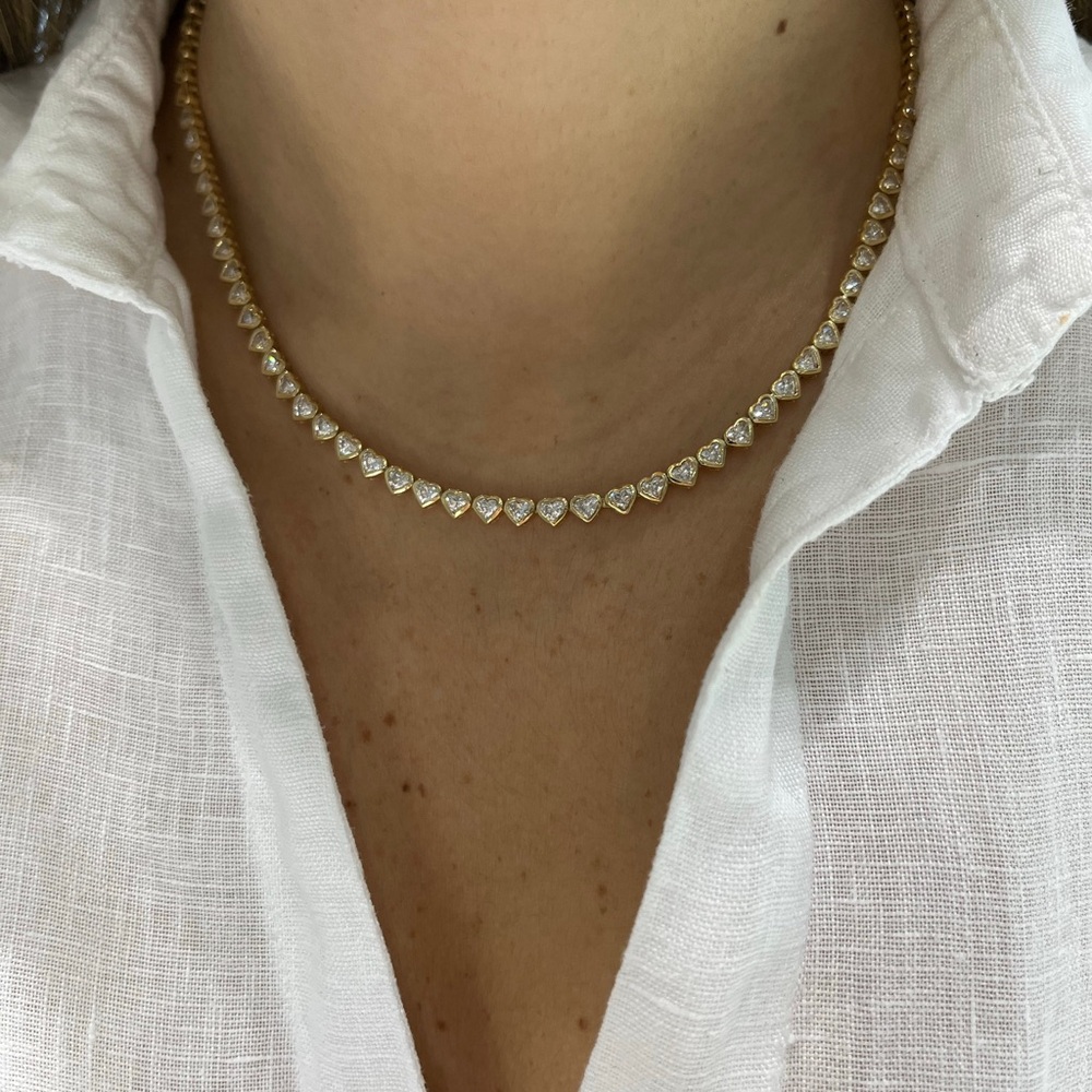 New Gold Plated Amore Bezel Heart Tennis Necklace - Picture 7 of 8